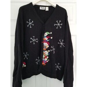 Vintage Holiday Knit Cardigan Snowmen & Snowflakes Embroidered Size 1X